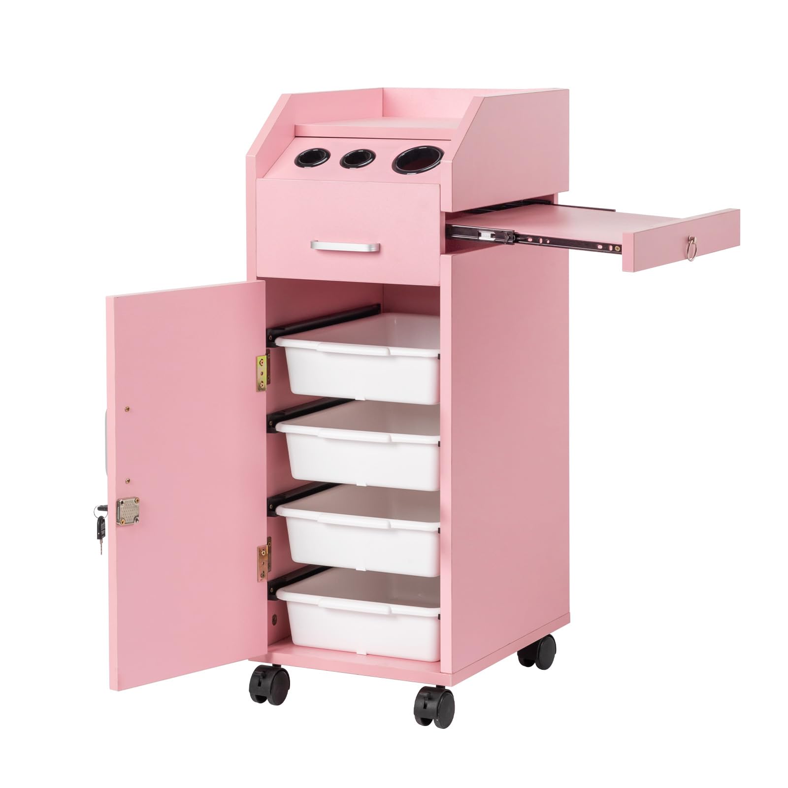 Winado Mobile Hair Salon Storage Cart with Wheels - 3 Hair Dryer Holders, 4 Drawers & Lock System with 2 Keys - Professional Hairdressing Tools Station & SPA Utility Trolley (Pink) - Perfect for Salon, Beauty Shop & Home Styling Organization
