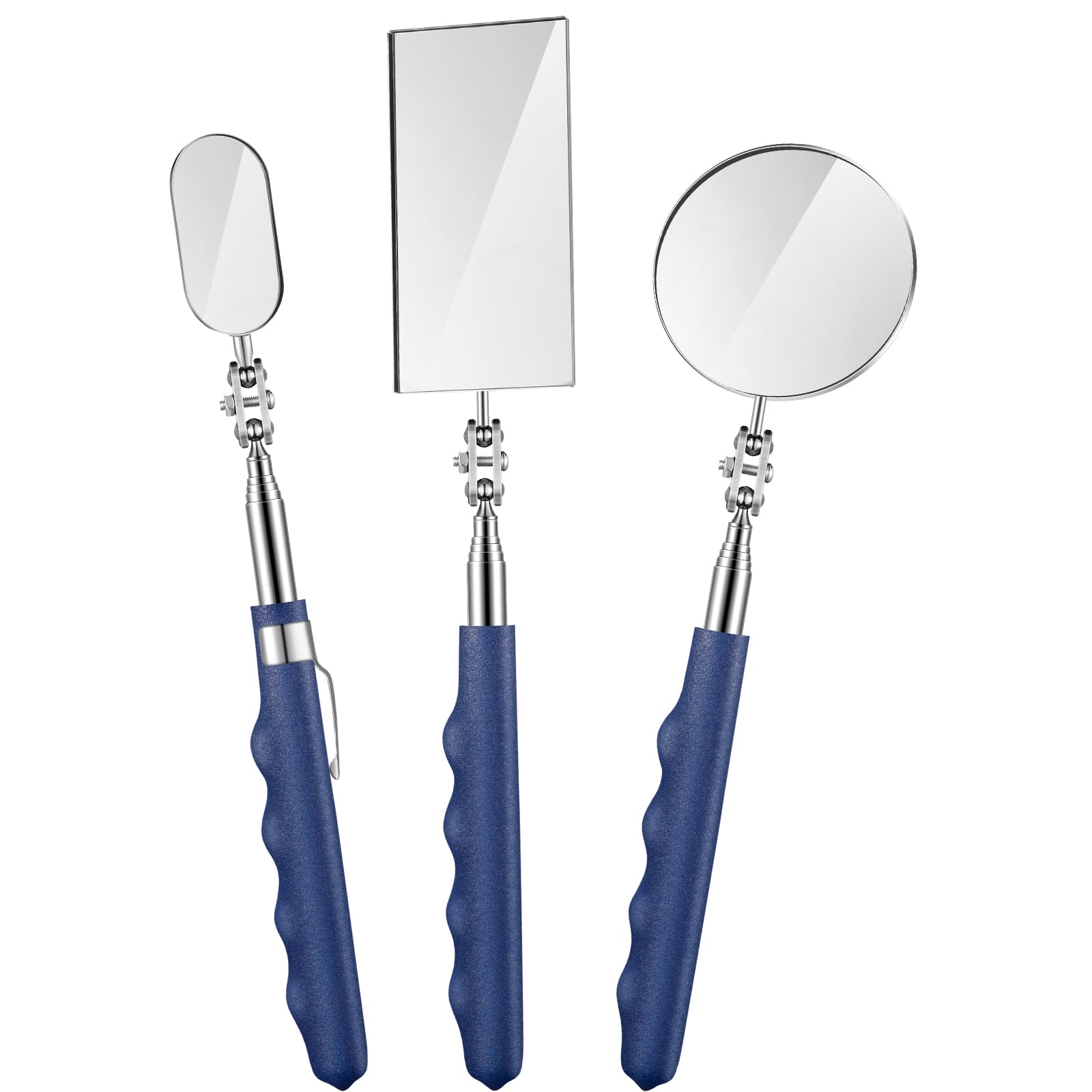 3-Piece Telescoping Inspection Mirror Set - Stainless Steel Extendable Mechanic Mirror with Long Handle for Technicians, Mechanics & Contractors (Oval, Square, Round) - Perfect for Automotive Repair, HVAC Maintenance & Hard-to-Reach Area Inspections
