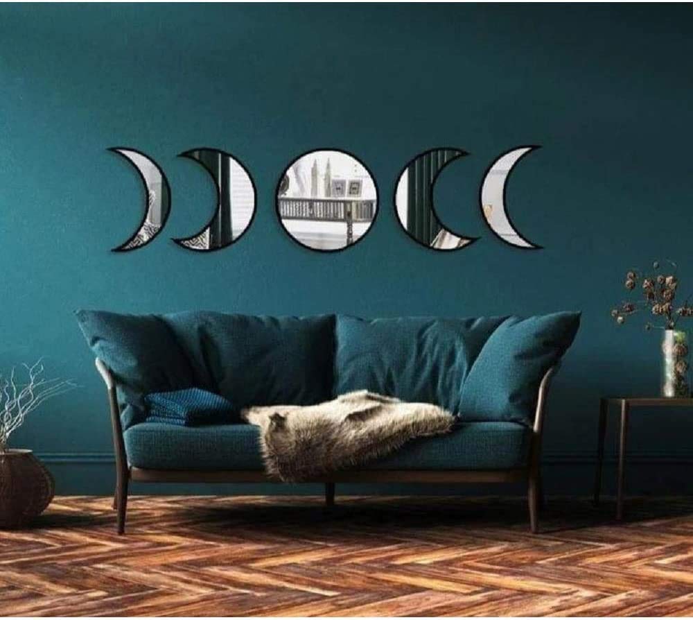 5PCS Removable Acrylic Mirror Set - Nordic Style Wooden Moon Phase Wall Mirror for Home Decor, Self-Adhesive No Drill Hanging, Perfect for Living Room, Bedroom & Office (Light White) - Create Elegant Boho Vibes & Enhance Small Spaces