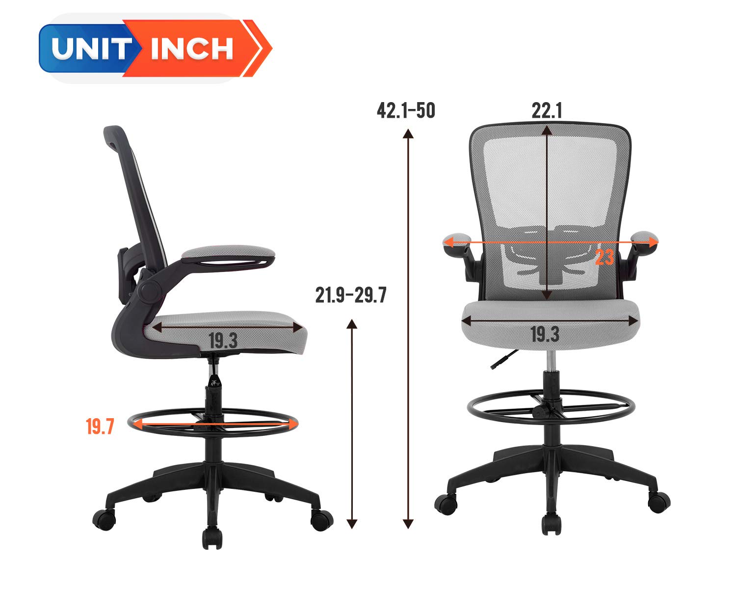 **Ergonomic Drafting Chair - Adjustable Height Office Chair with Lumbar Support, Armrests & Footrest - Mesh Back Swivel Rolling Stool for Standing Desk, Computer Work & Home Office (Grey)**    *(Perfect for Architects, Designers, Gamers & Long-Hour Work Sessions)*