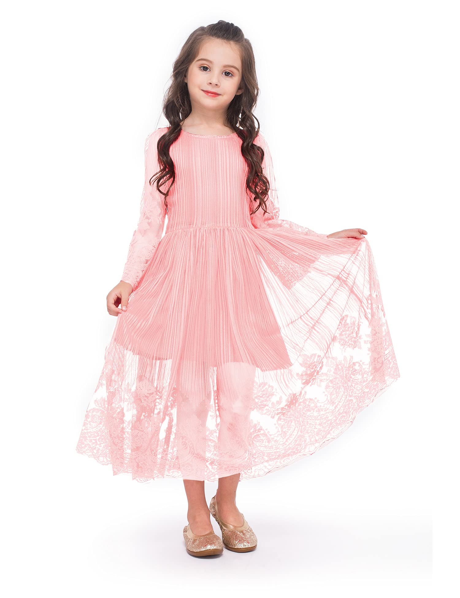Girls Lace Flower Dress - Long Sleeve Midi Floral Communion Dress for Weddings, Birthday Parties & Special Occasions | First Communion, Easter, Spring Photoshoot Outfit
