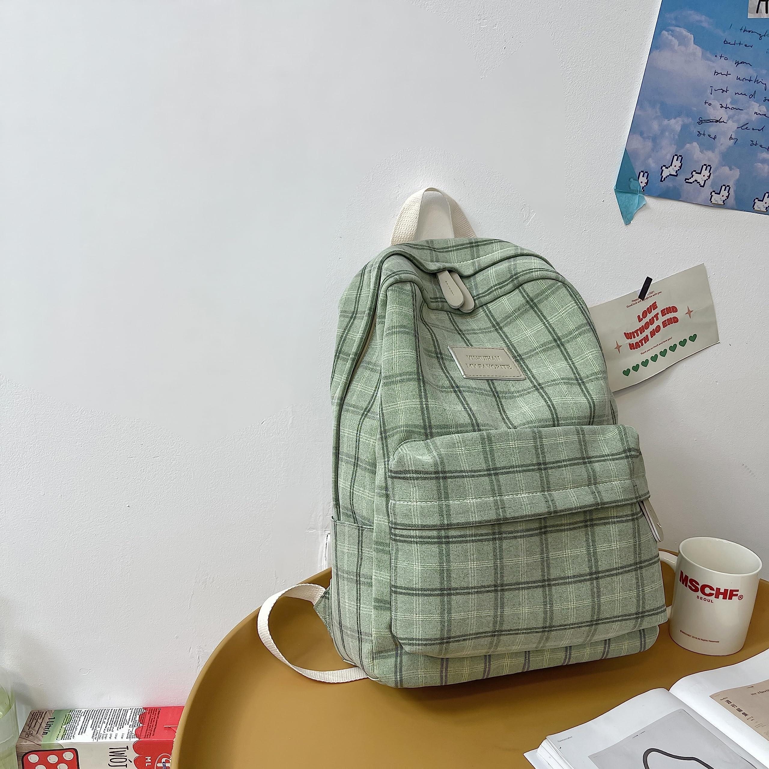 JHTPSLR Light Academia Aesthetic Backpack - Plaid Preppy School Bag for Teen Girls, Sage Green Bookbag | Perfect for College, High School & Daily Use