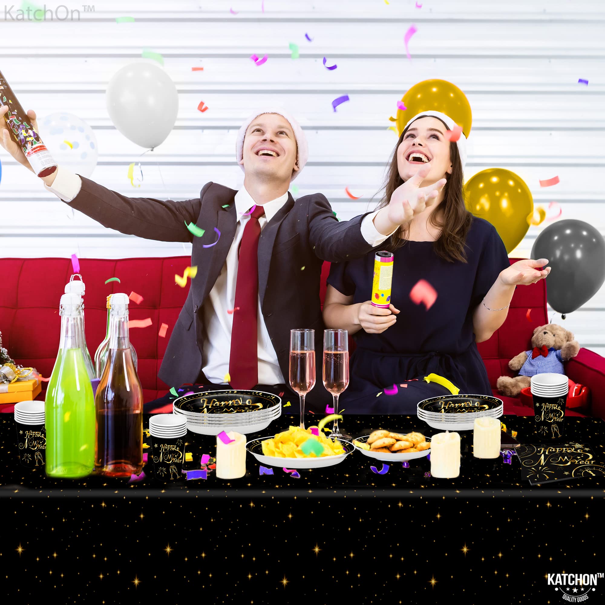 KatchOn New Year's Eve Party Plates & Napkins Set - 16-Piece Disposable Dinnerware for 2025 NYE Celebrations | Happy New Year Decorations & Party Supplies - Perfect for Countdown Parties, Family Gatherings & Festive Events