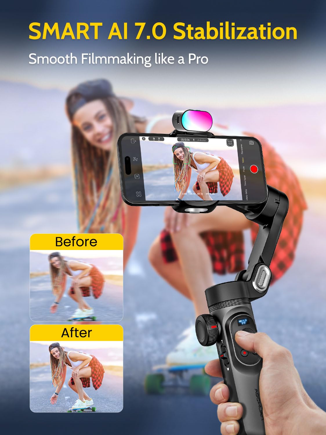 AOCHUAN XPRO KIT Black - Professional 3-Axis Smartphone Gimbal Stabilizer with RGB Magnetic Light & OLED Display for iPhone/Android | Face Tracking, Gesture Control | Perfect for Vlogging, Live Streaming & Content Creation