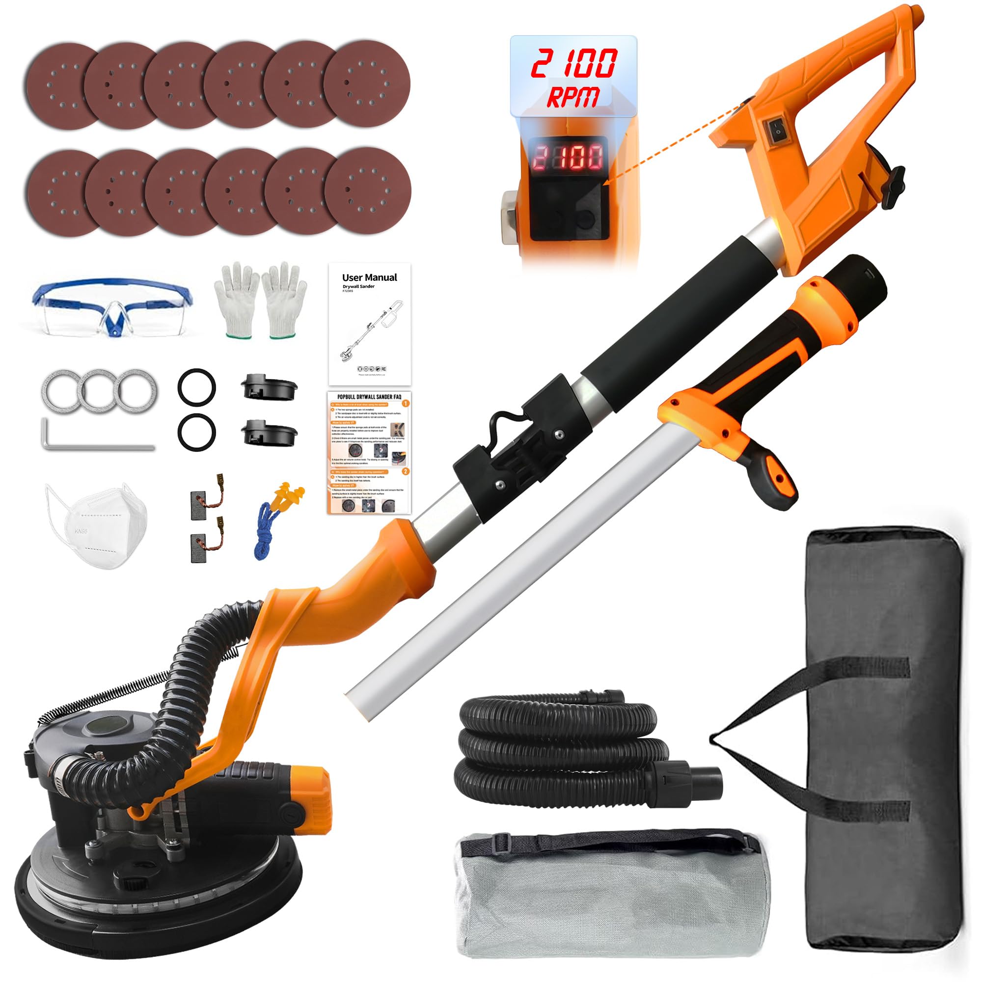 1050W Electric Drywall Sander with Vacuum System - Heavy Duty LCD Digital Display, 9-Speed Adjustable (800-2100 RPM) - Foldable Extendable Handle & 12 Sanding Discs Included - Perfect for Drywall, Wood Floor Sanding & Home Renovation Projects