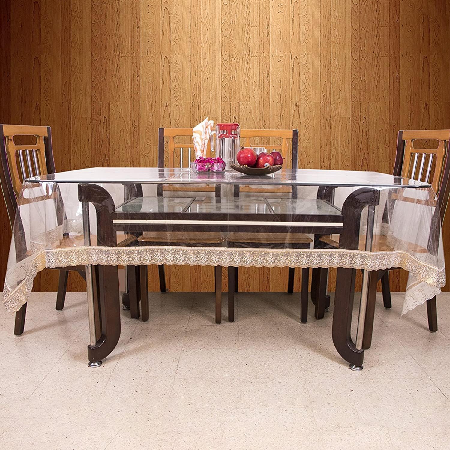 Kuber Industries 70x45 Inch Transparent Dining Table Cover with Golden Lace - Waterproof Tablecloth for 4 Seater Tables, Elegant Protection for Daily Meals & Special Occasions