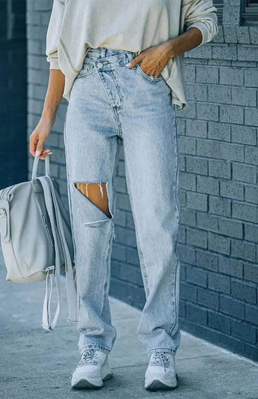 Trendy Women's Ripped Jeans with Irregular Waist - High Waist Distressed Denim Pants for Casual Outfits & Streetwear Fashion
