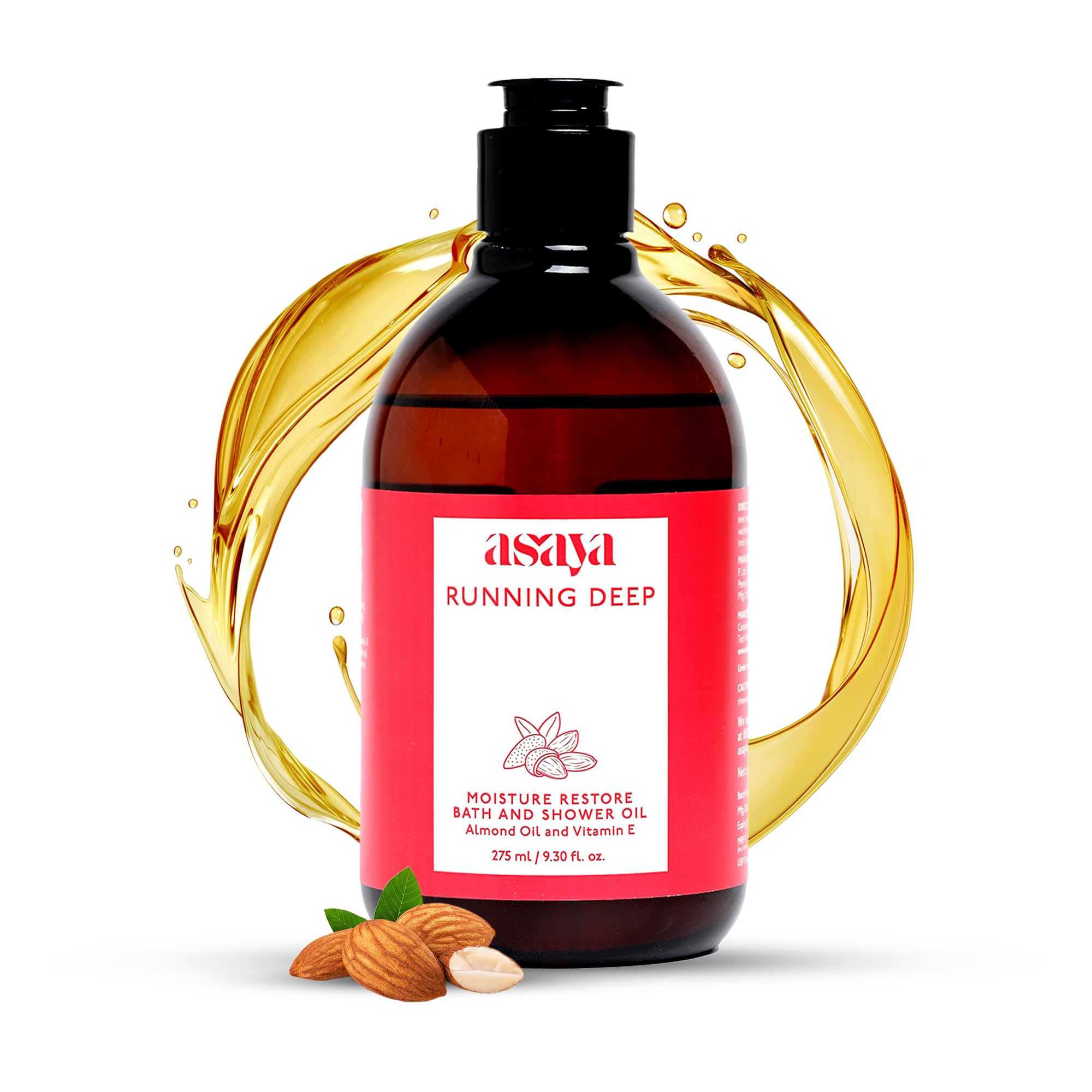 Asaya Moisturizing Bath & Shower Oil - Hydrating Oil-to-Foam Body Wash with Almond, Jojoba & Argan Oil | Vitamin E Enriched for Dry & Sensitive Skin | Sulfate-Free, Phthalate-Free & Soap-Free Formula | Silky Foam Texture & Sweet Almond Fragrance | Restores Moisture & Softens Skin | 9.3 fl oz (275ml) | Perfect for Daily Shower, Spa Day & Post-Workout Hydration