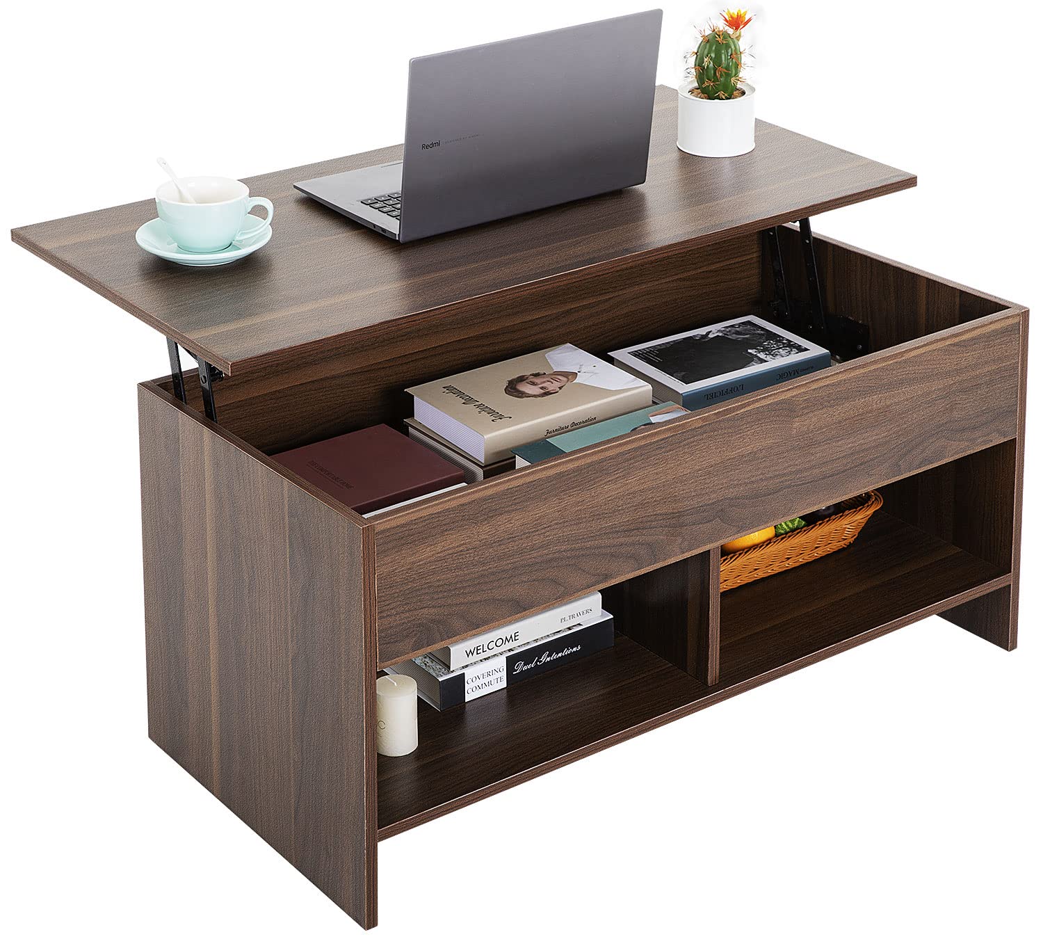Modern Lift Top Coffee Table with Air Rod Mechanism - Pop-Up Tabletop, Hidden Storage Compartment & Shelf for Living Room, Reception Area (Brown) - Perfect for Small Spaces, Home Office & Entertaining Guests