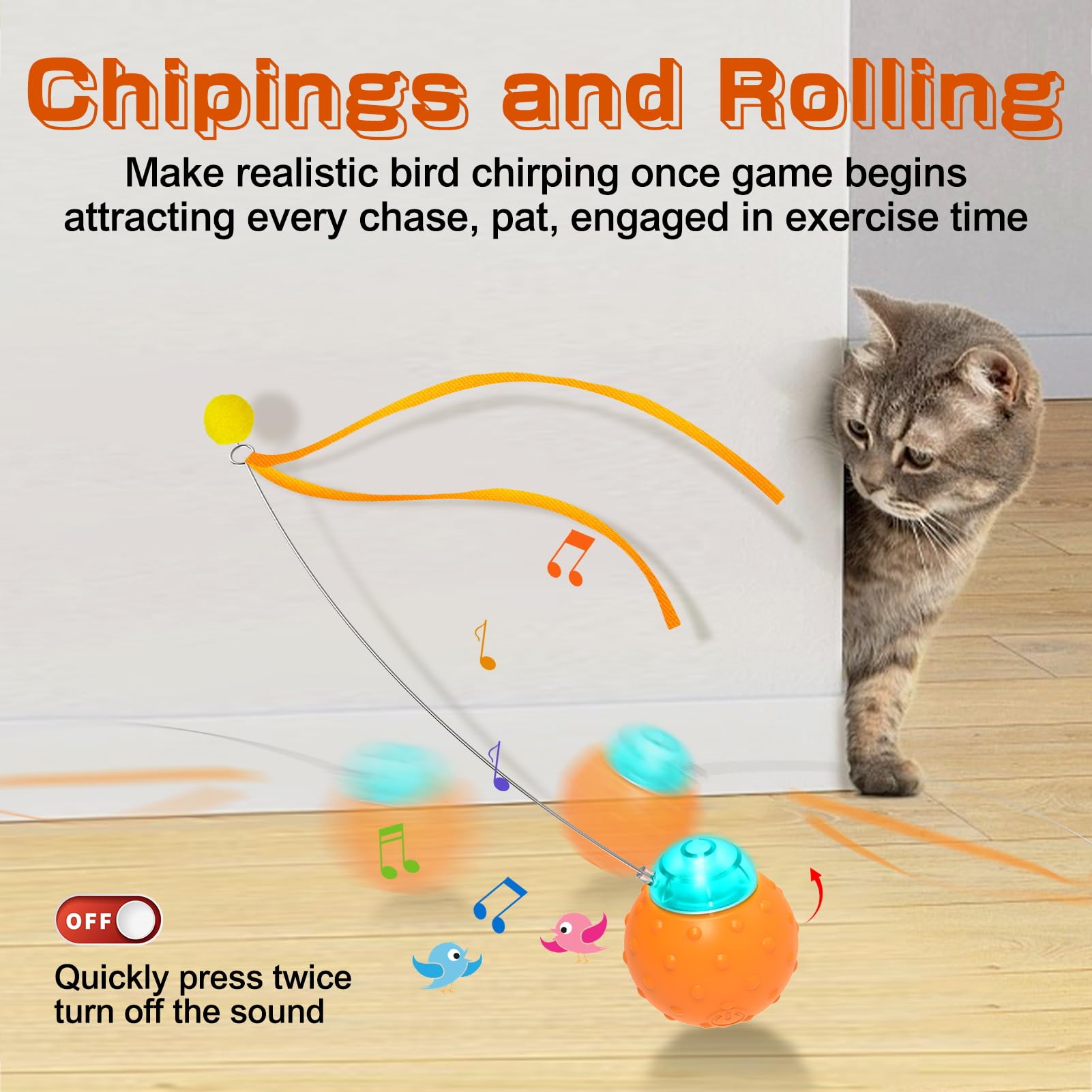 Interactive Cat Toy Ball with Chirping Bird - Touch Activated, Automatic Rolling & Rechargeable Self-Play Kitten Toy for Indoor Cats - Perfect for Playtime, Exercise & Boredom Relief