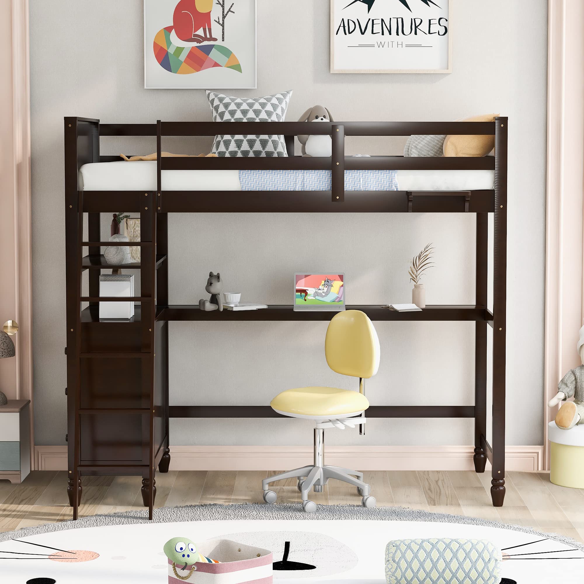 Harper & Bright Designs Twin Size Wooden Loft Bed with Built-in Desk, Drawers & Storage Shelves - Space-Saving Study & Sleep Solution for Kids, Teens & Adults (Espresso) - Perfect for Small Bedrooms, Dorm Rooms & Home Offices