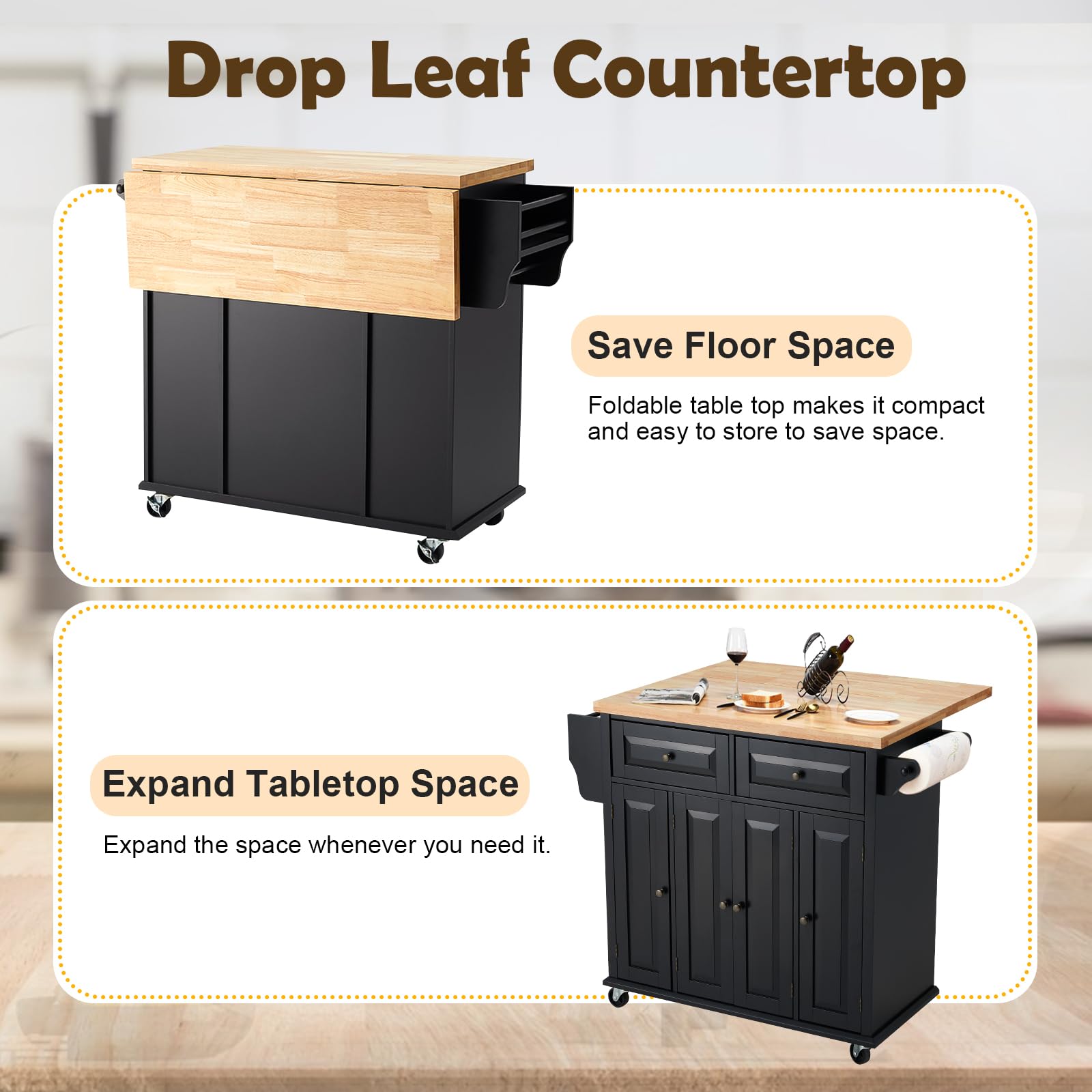 AVAWING Kitchen Island with Drop-Leaf Tabletop - 2 Drawers, Lockable Wheels, Spice & Towel Rack - Rubber Wood Kitchen Cart for Storage & Dining Room - Black | Perfect for Small Kitchens, Breakfast Nooks & Extra Counter Space