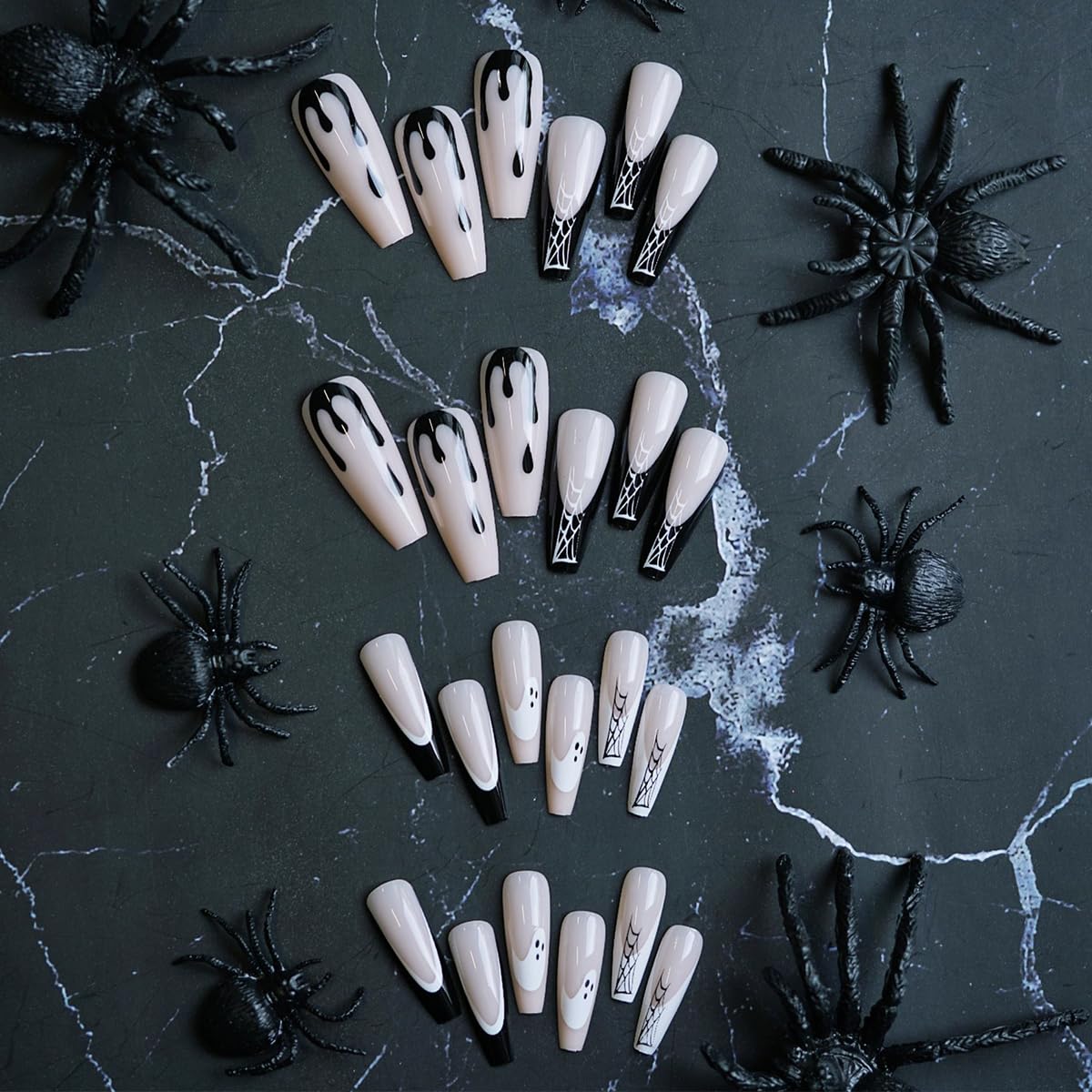 24Pcs Halloween Fake Nails - Long Coffin French Tip Press on Nails with Gothic Ghost & Spider Web Designs | Full Cover Glue on Acrylic Nails in Nude Pink & Black | Perfect for Women & Girls Halloween Party, Cosplay & Gothic Manicure