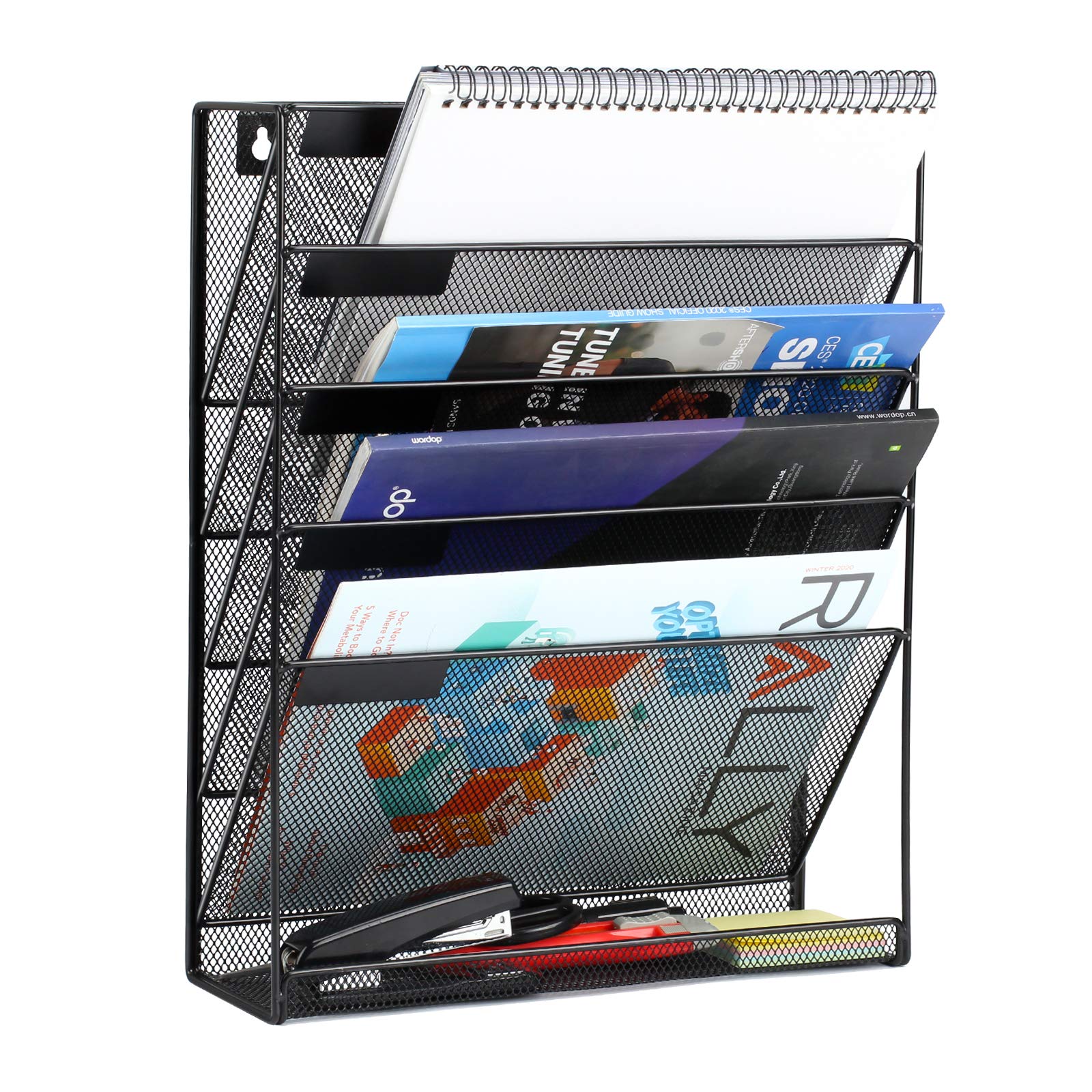 6-Tier Mesh Wall File Organizer with Flat Bottom Tray - Durable Vertical Hanging File Holder for Office & Home Organization (Black) - Perfect for Desk Accessories, Mail Sorting & Document Storage