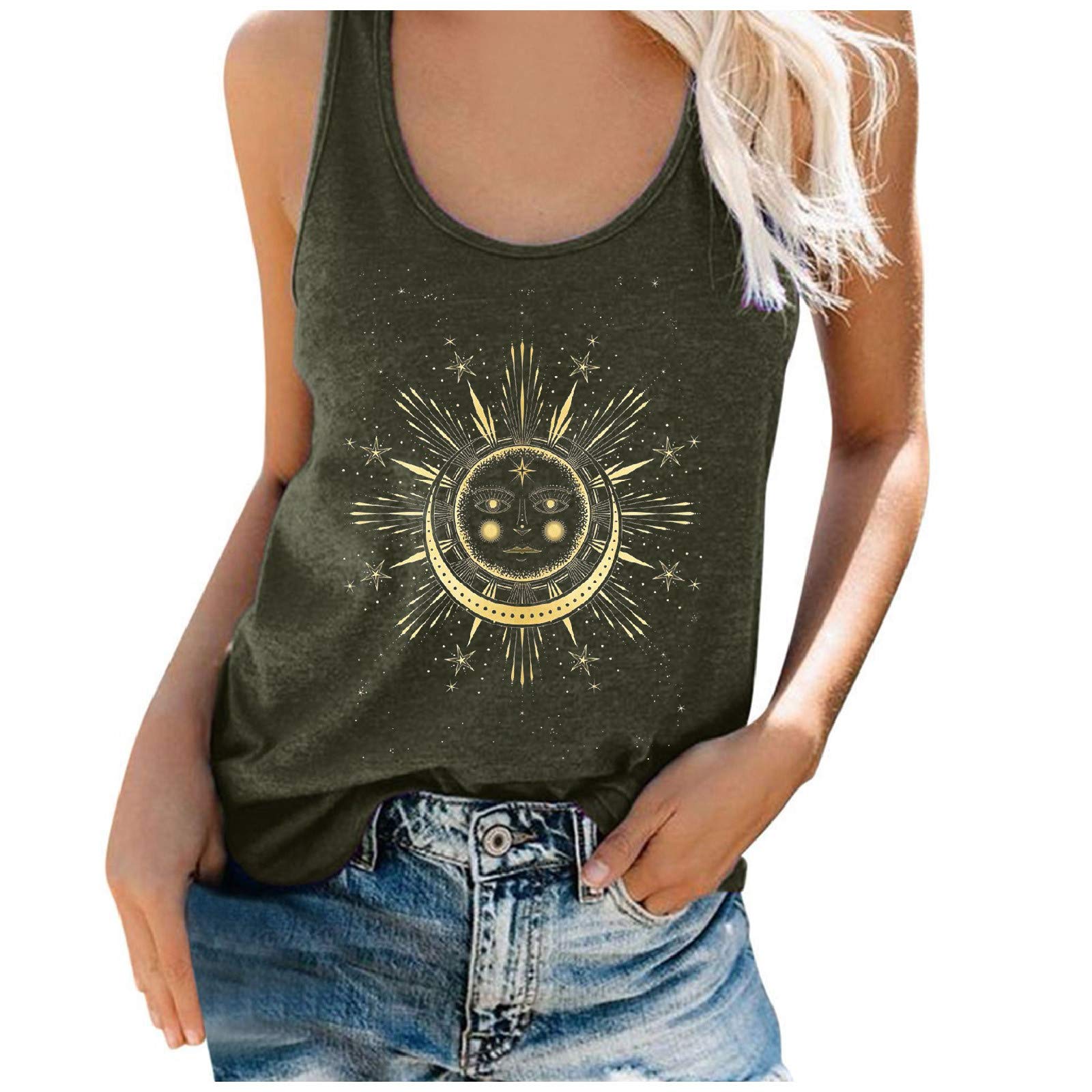 Plus Size Women's Tank Tops - Sun Moon Print Sleeveless Shirt for Beach & Summer Outings