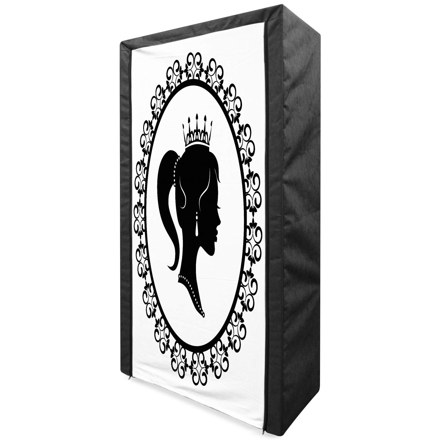 Ambesonne Queen Size Portable Fabric Wardrobe - Victorian Style Cartoon Noble Woman Silhouette Design, 33.5 Inch Clothing Organizer with Shelves | Black & White Storage Closet for Bedroom, Dorm, or Guest Room