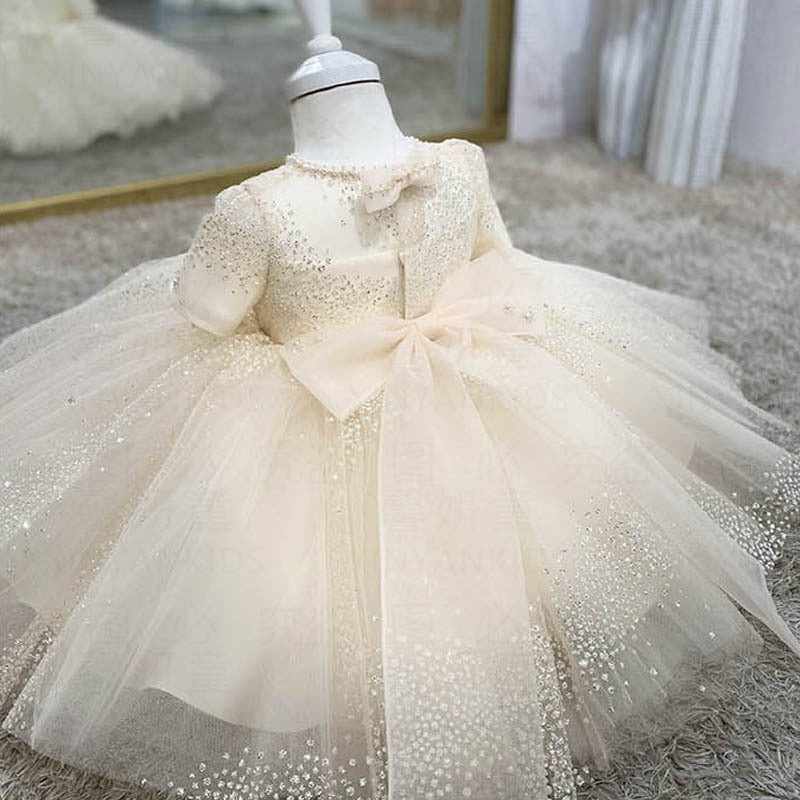 Baby Girl Pageant Dress with Pearl & Sequin Bow - Elegant Princess Gown for Special Occasions, Birthday Parties & Photo Shoots