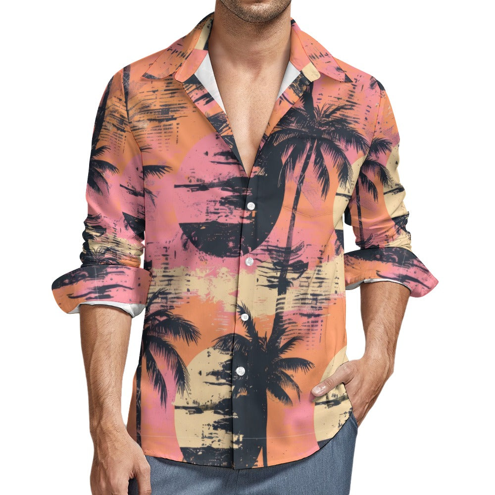 Grunge Sunset & Palm Trees Print Casual Long Sleeve Shirt with Pocket | Trendy Streetwear for Men & Women | Perfect for Beach Outings, Concerts & Everyday Wear