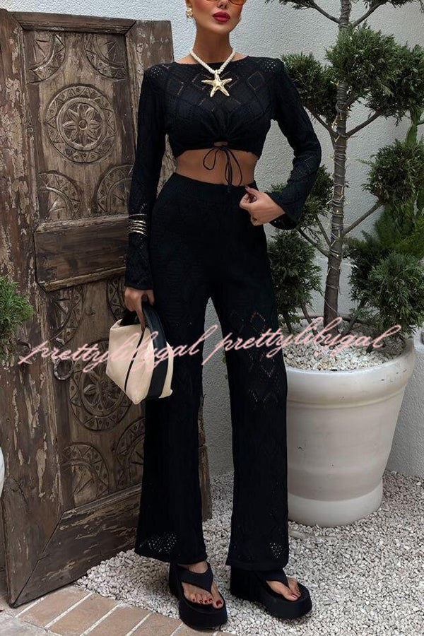 Women's Solid Color Hollow Knit Top & Stretchy Wide Leg Pants Casual Outfit Set - Perfect for Work, Travel and Everyday Wear