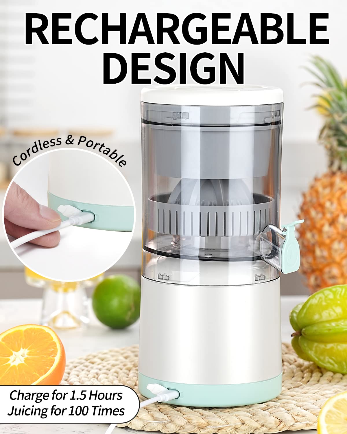 Rechargeable Citrus Juicer - Portable USB Electric Juicer with Cleaning Brush for Orange, Lemon, Grapefruit - Perfect for Kitchen, Camping & Travel