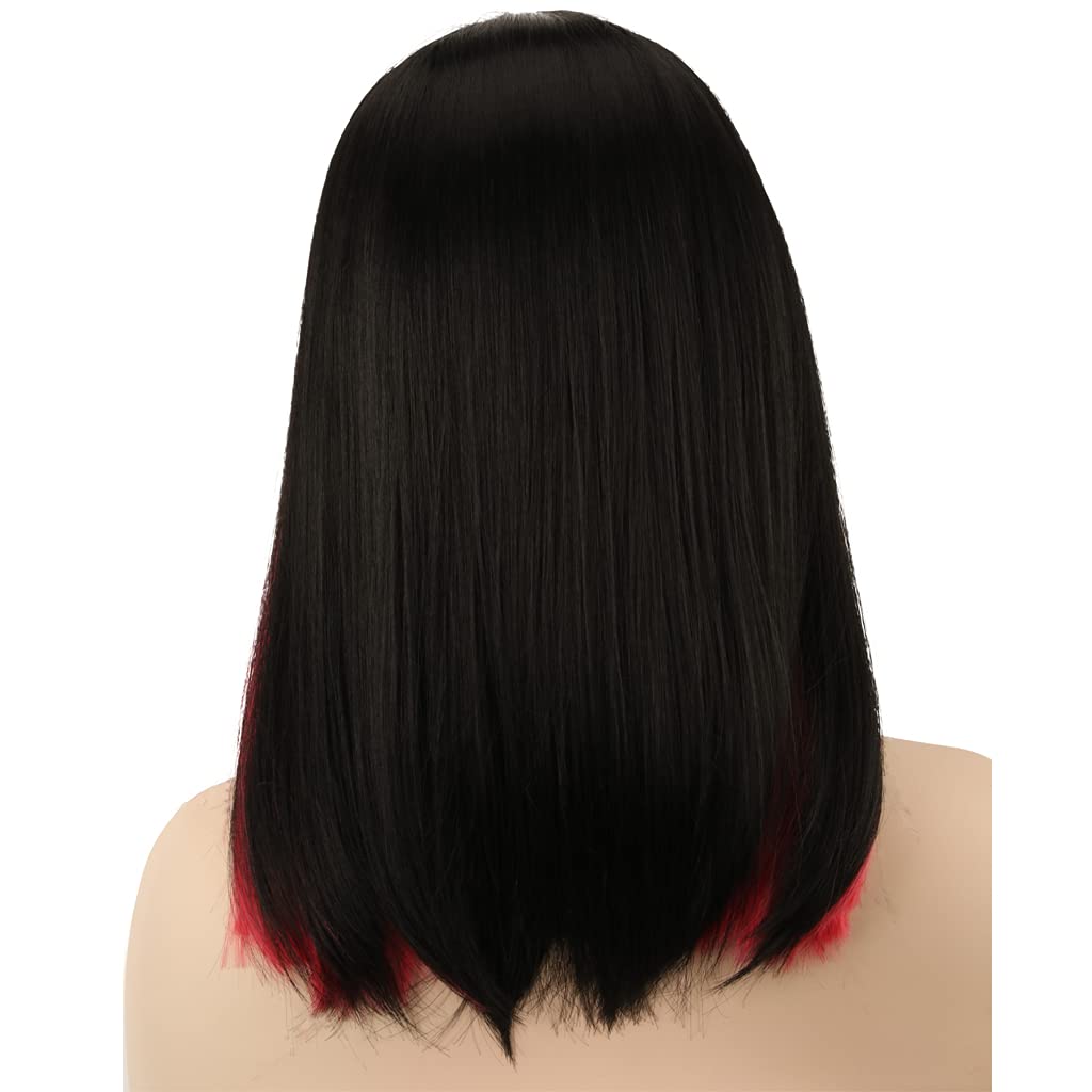 HH Building Strips Highlight Straight Shoulder Length Party Wig - Black & Rose Red Synthetic Hair for Cosplay, Halloween & Costume Parties