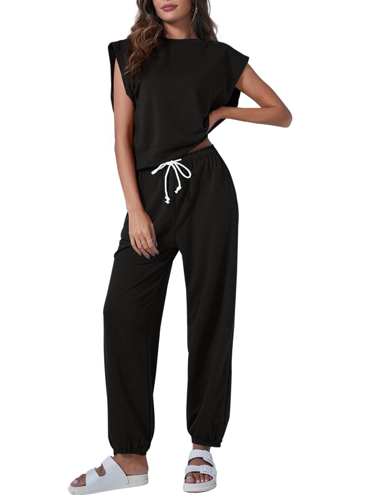 Tankaneo Women's Summer 2 Piece Outfit - Casual Lounge Set with Oversized Sleeveless Top & Sweatpants with Pockets - Comfy Pajama Set for Home, Travel & Relaxation