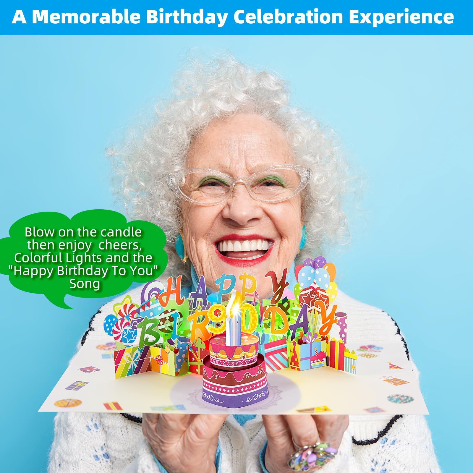 Gumry 90th Birthday Musical Pop-Up Greeting Card with Blowable Colorful LED Candles, 3D Design & Birthday Song - Perfect 90th Birthday Gift for Women & Men - Great for Milestone Celebrations, Anniversaries, and Special Occasions