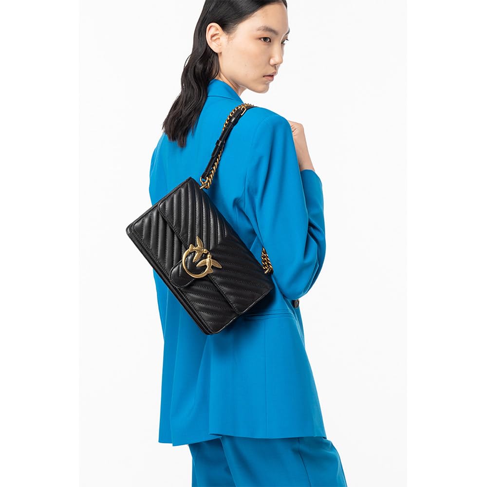 Pinko Women's Love ONE Classic DC Sheep Nappa Leather Shoulder Bag - Stylish Designer Handbag for Work, Travel & Evening Events