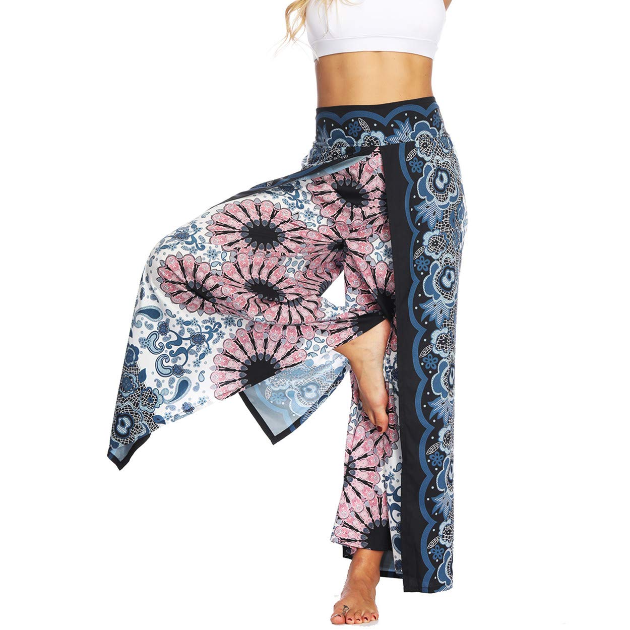ENLACHIC Women's Boho Printed Palazzo Yoga Pants - High Waisted Wide Leg Lounge Pants with Side Split for Workout, Running, Travel & Casual Wear
