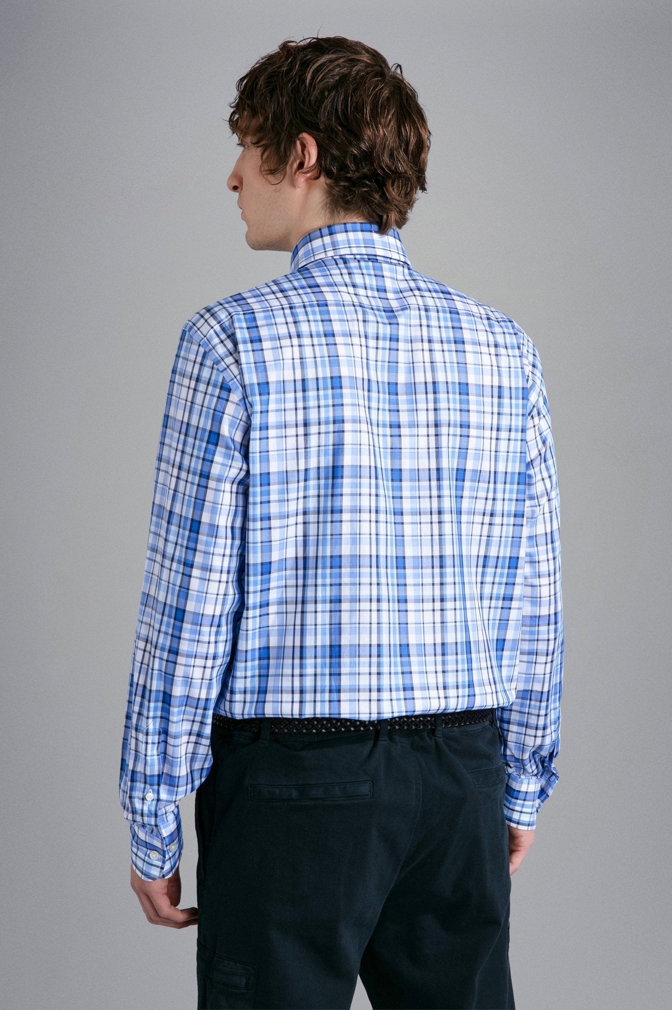 PAUL&SHARK Men's Long Sleeve Twill Check Shirt - White & Blue Plaid Casual Button Down Shirt for Office, Dating & Outdoor Activities
