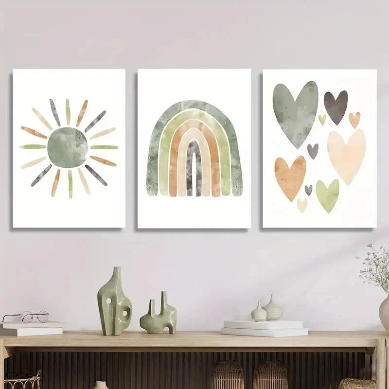 3-Piece Abstract Bohemian Neutral Sun Rainbow Metal Wall Art - Ready to Hang, Modern Home Decor for Living Room, Bedroom & Office