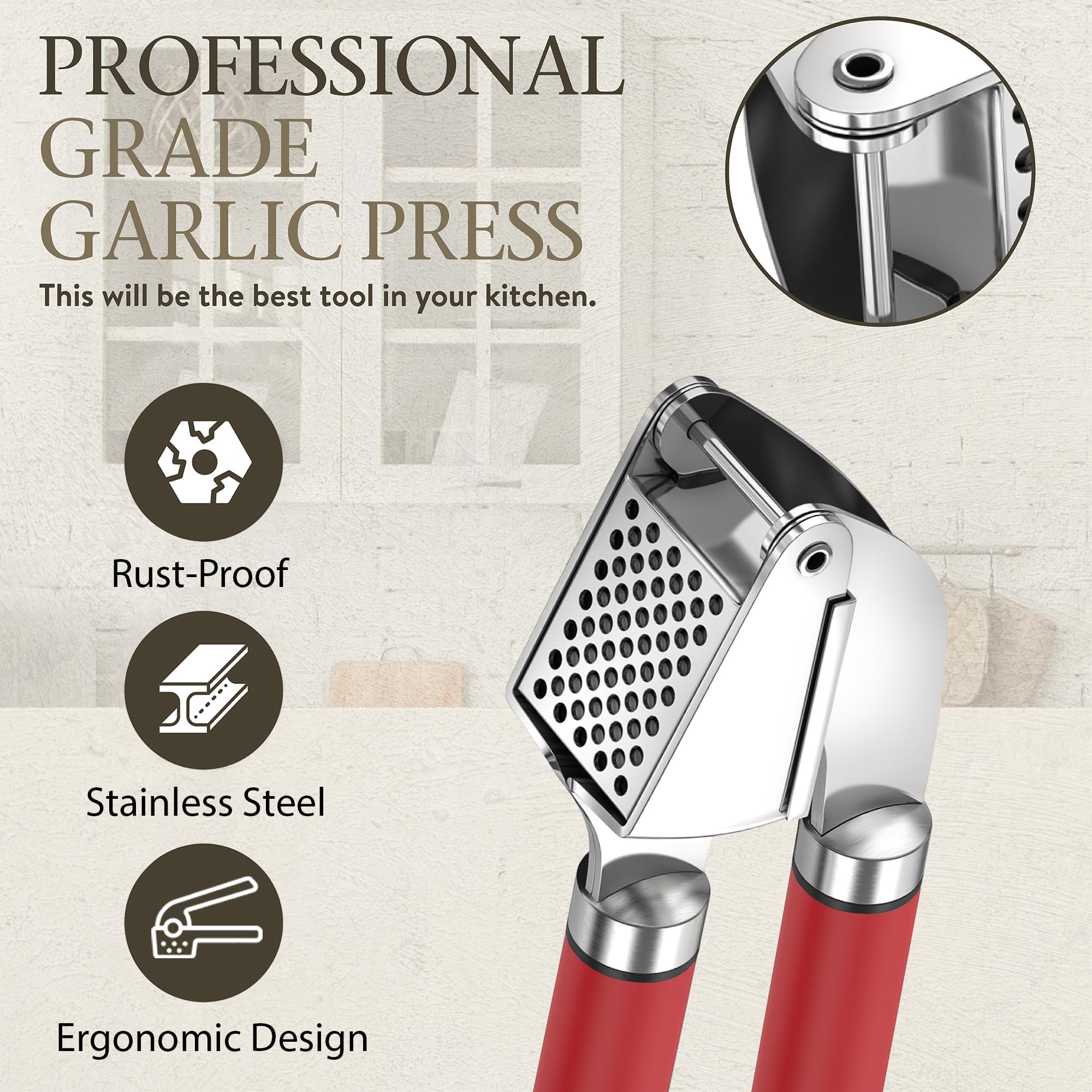 Premium Stainless Steel Garlic Press & Mincer Set - Professional Grade Garlic Crusher with Peeler - Dishwasher Safe, Rust-Proof & Easy Clean - Ideal for Cooking, Meal Prep & Kitchen Use (Red)