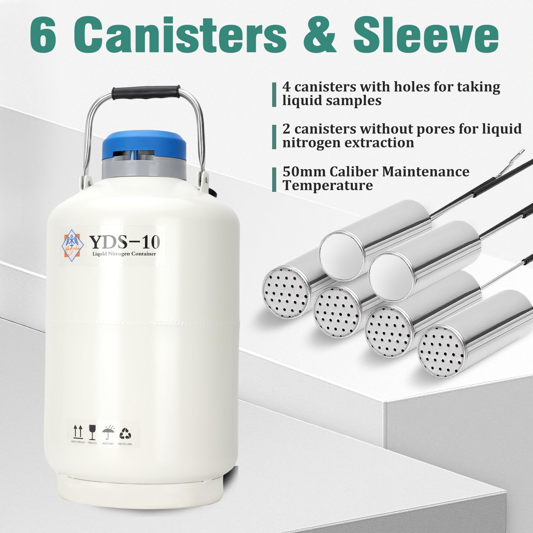10L Aluminum Alloy Liquid Nitrogen Dewar Tank - Cryogenic Container for LN2 Storage with 6 Canisters - Ideal for Laboratory, Medical Sample Preservation & IVF Storage