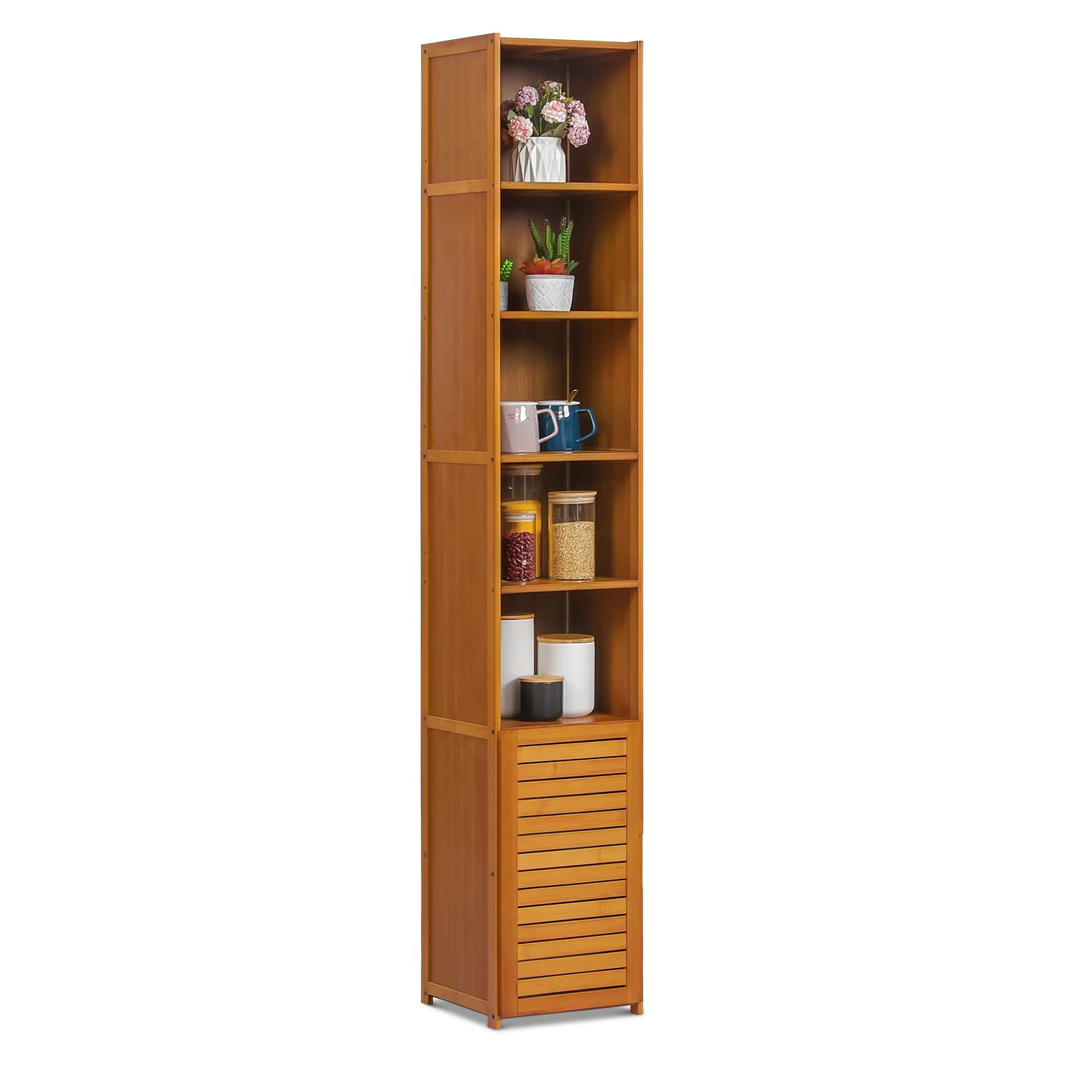 MoNiBloom 7-Tier Bamboo Bookcase with Doors and Shelves - Storage Cabinet Organizer for Office, Living Room, Bedroom & Kitchen - Brown | Perfect for Home Decor, Book Storage & Displaying Decorative Items