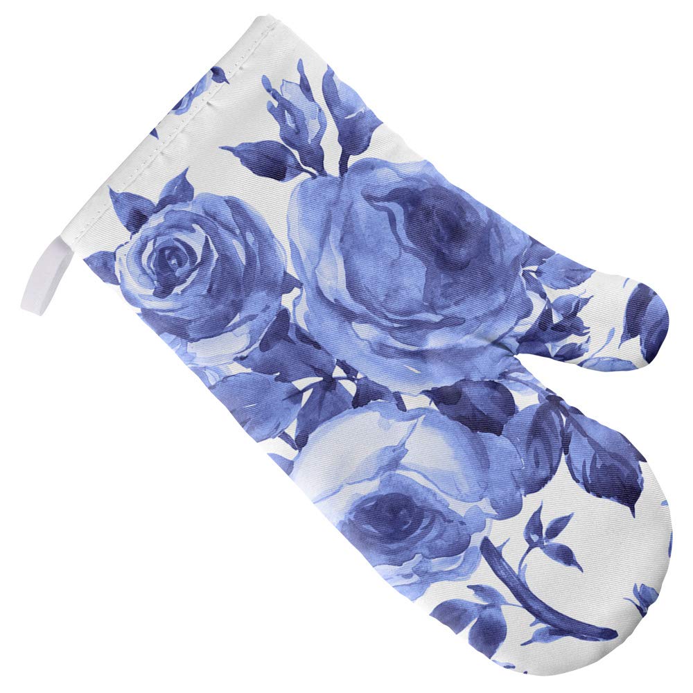 Blue Floral Pattern Heat Resistant Oven Mitt - Kitchen & BBQ Gloves for Baking, Grilling, Cooking (Indoor/Outdoor Use) - Perfect for Home Chefs & Backyard BBQs
