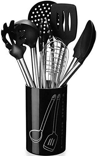 9-Piece Non-Stick Kitchen Utensil Set with Plastic Holder - Silicone & Stainless Steel Cooking Tools for Pots & Pans (Black) - Perfect for Baking, Frying, Sauteing & Everyday Cooking