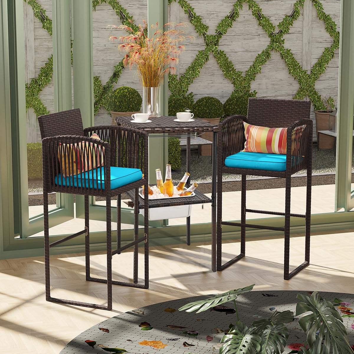 Sundale Outdoor 3-Piece Wicker Bar Set with Ice Bucket, 2 Pub Stools & Glass Holder - Brown Rattan & Blue Cushions - Perfect for Patio, Garden, Poolside & Backyard Entertaining