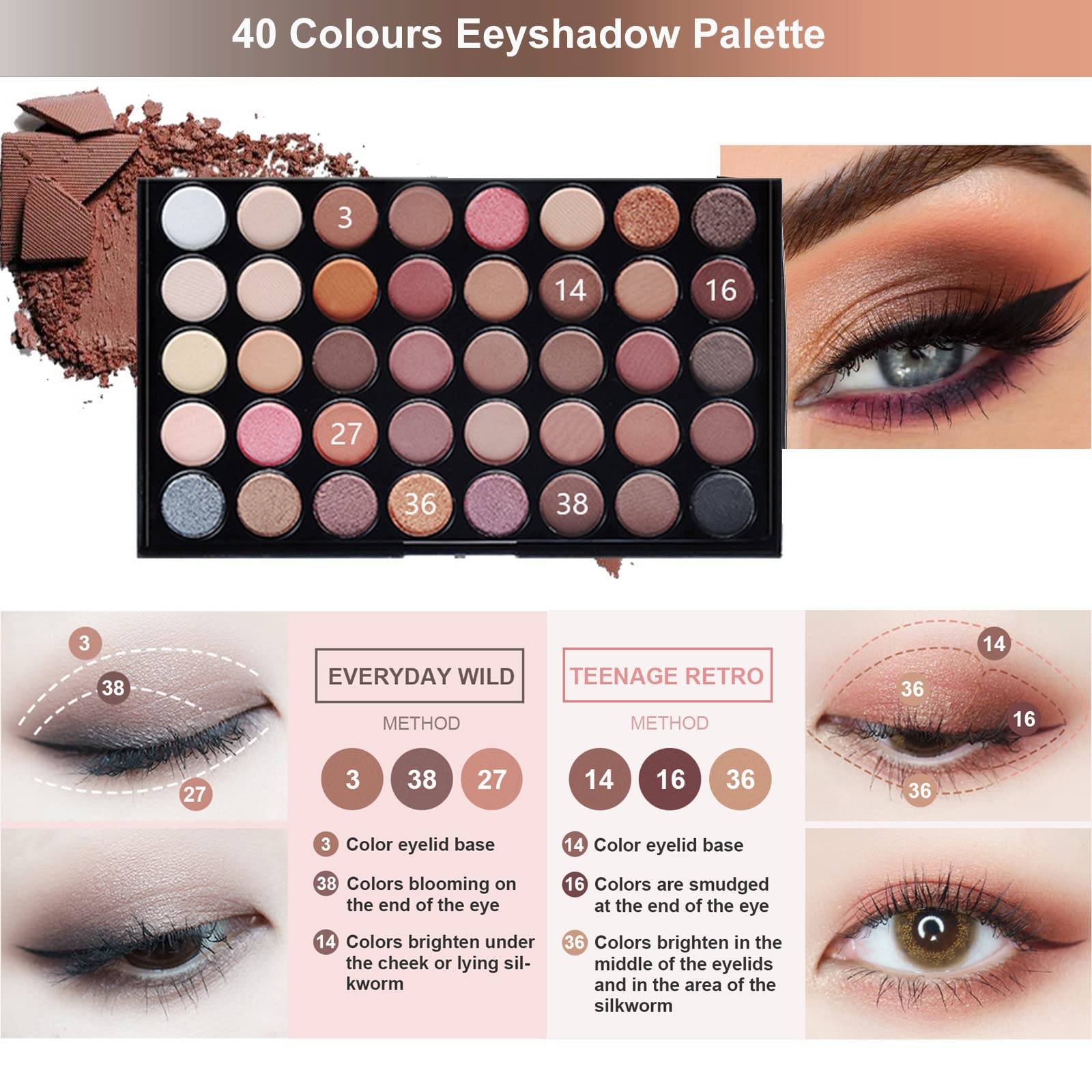 Joyeee 40 Color Professional Eyeshadow Palette Set with Mascara, Eyebrow Pencil, Eyeliner & Cosmetic Brushes - Perfect Makeup Gift for Women & Girls, Travel-Friendly Beauty Kit for Parties, Weddings & Daily Use