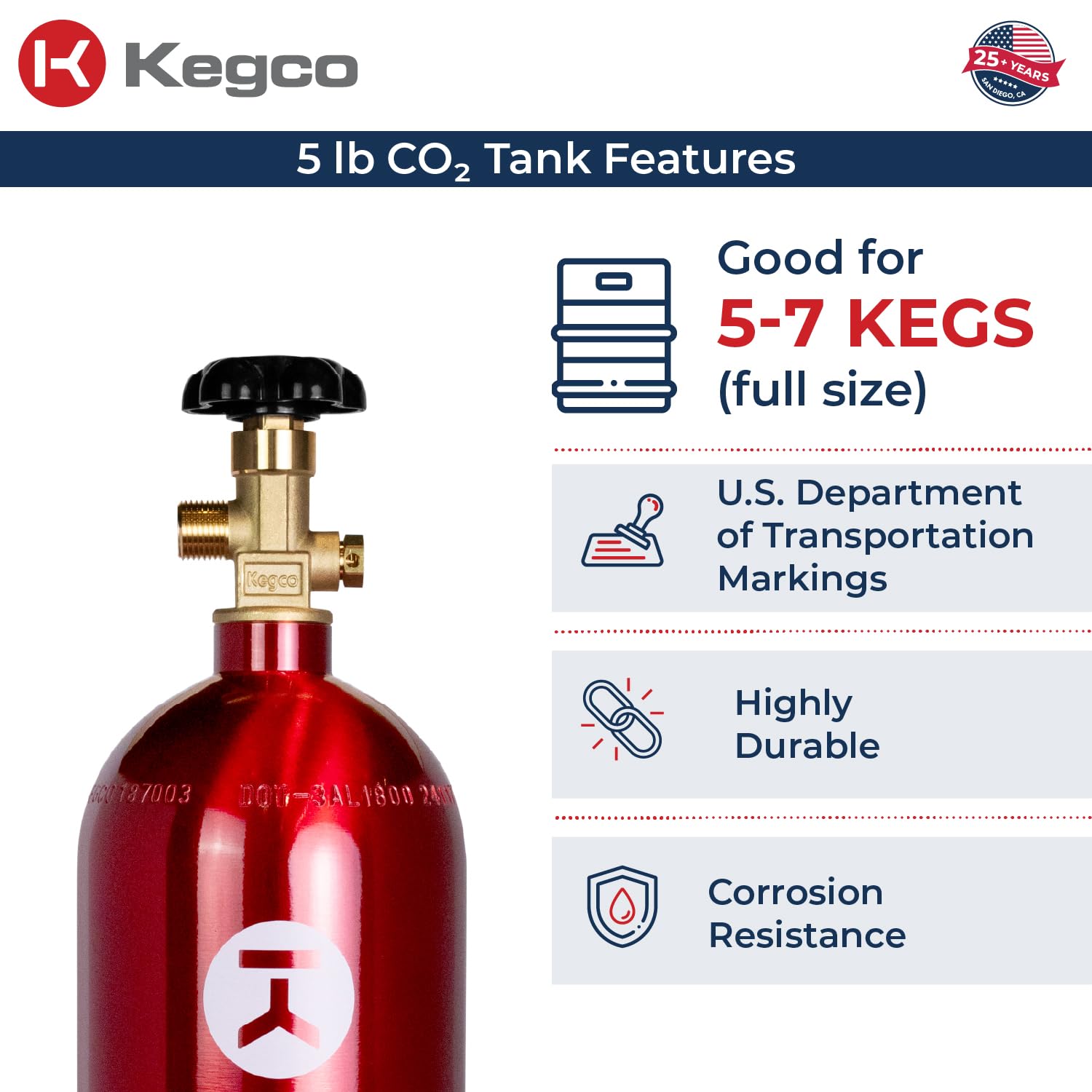 Kegco 3PB5-RED 5 lb Aluminum CO2 Tank with Electric Red Epoxy Finish - Home Brewing, Soda Dispensing & Draft Beer System Accessory