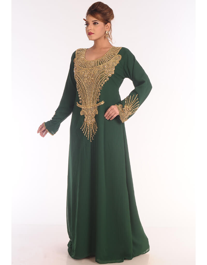 Elegant Arabic Green Georgette Kaftan with Hand Embroidery for Women | Party Wear, Evening Gown & Special Occasion Dresses