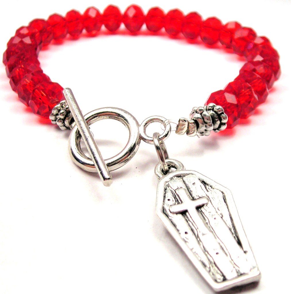 Gothic Coffin Cross Crystal Toggle Bracelet for Women - Elegant Crimson Red Beaded Jewelry for Halloween, Gothic Fashion & Vampire Themed Parties
