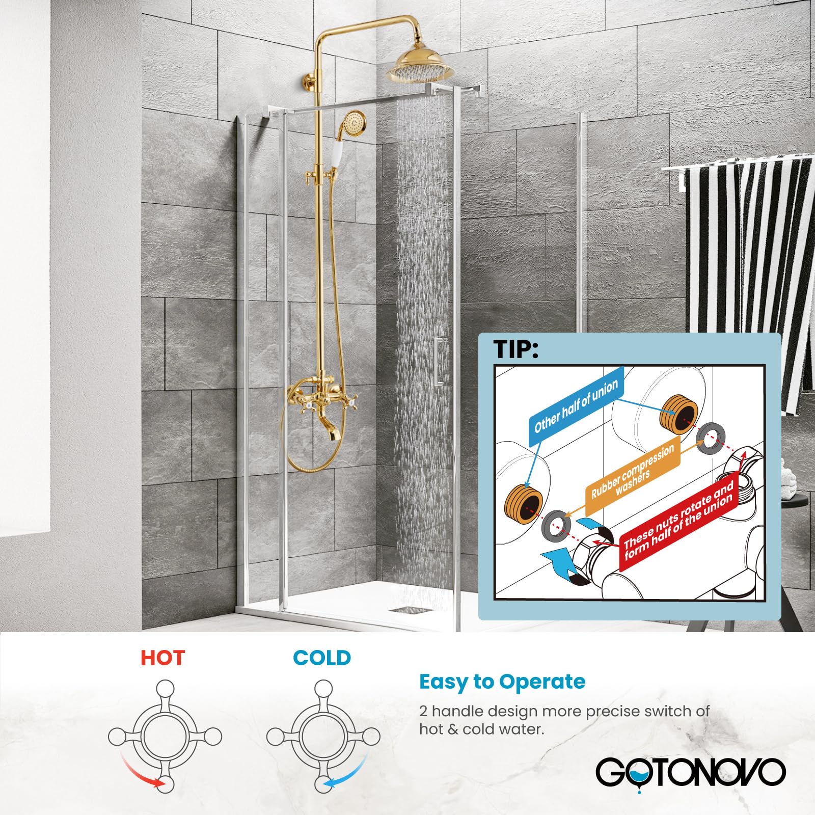 Gotonovo 8 Inch Rainfall Shower System - Polished Gold Wall Mount Bathroom Faucet with Tub Spout, Handheld Spray & Double Cross Handles | Outdoor & Indoor Shower Set for Luxurious Spa Experience