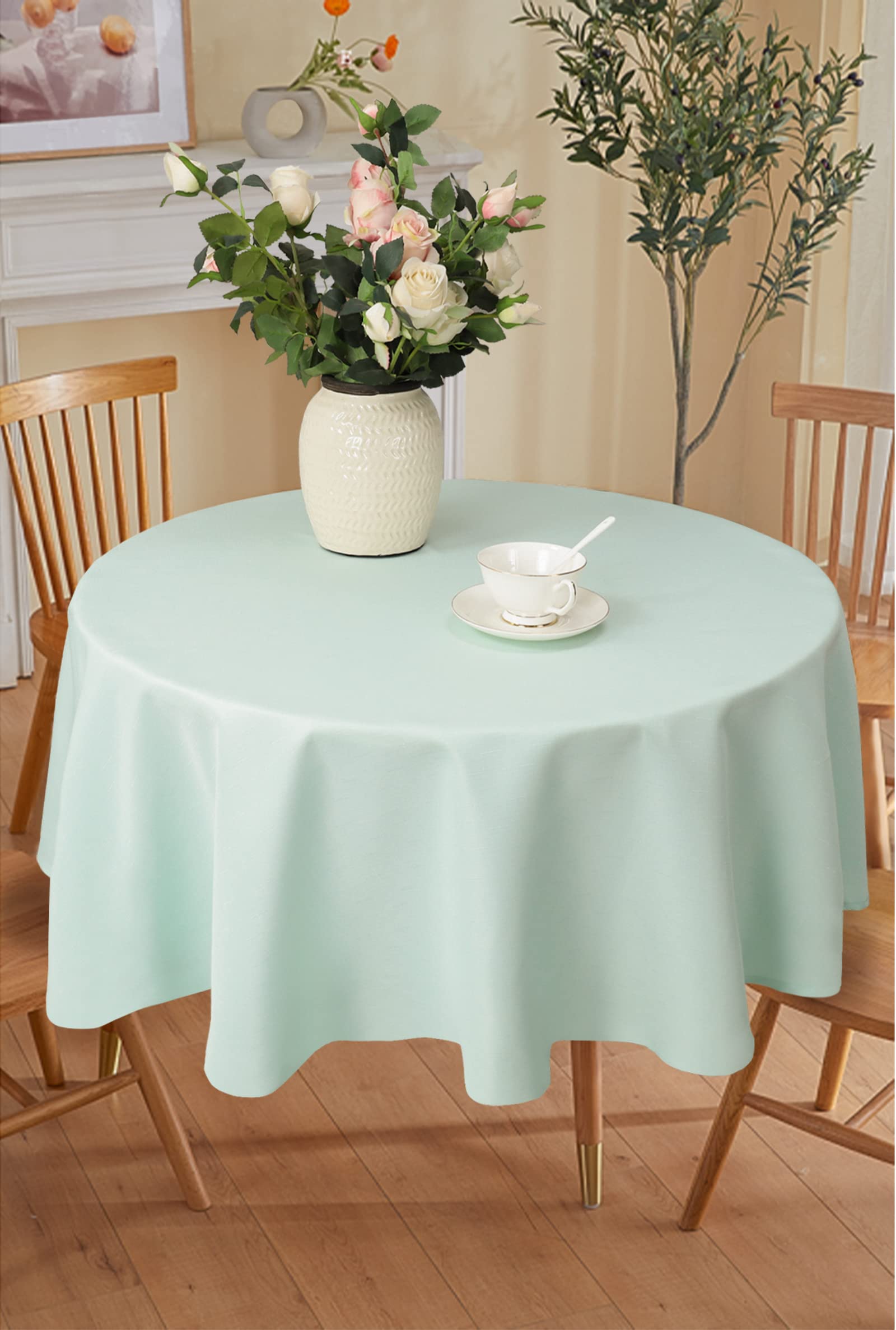 Premium Linen Rustic Round Tablecloth - Heavy Duty Stain-Proof & Water Resistant Washable Fabric - 60 Inch Light Blue Decorative Kitchen Table Cover for Holiday Dining & Everyday Use