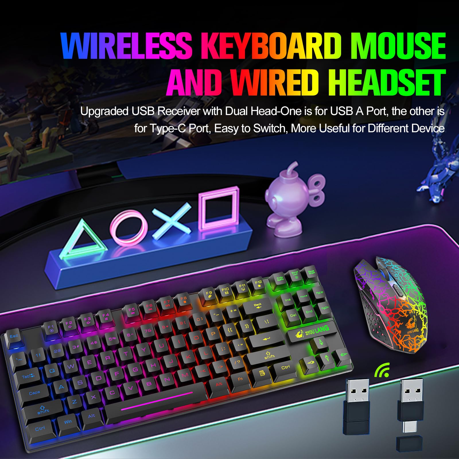 Wireless Gaming Keyboard and Mouse Combo - 87 Key Mechanical Feel RGB Backlit, Rechargeable 3800mAh Battery, Anti-Ghosting, Ergonomic & Waterproof Design for PC Gamers (Black) | Perfect for Esports, Streaming & Office Work