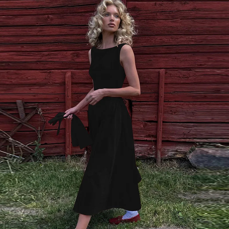 Elegant Backless A-Line Maxi Dress for Women - Solid Color O-Neck Sleeveless Long Gown with High Waist - Perfect for Beach Vacations, Summer Parties & Date Nights