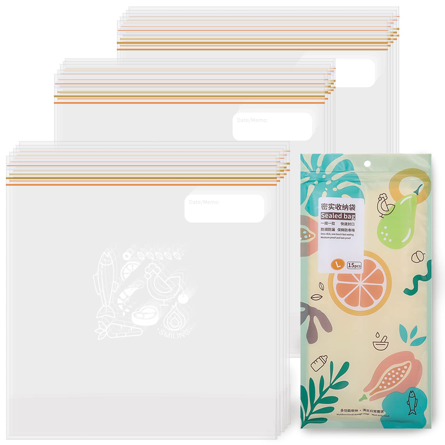 Eco-Friendly Reusable Food Storage Bags - 15 Pack BPA Free Flat Freezer Bags, Airtight Resealable Seal for Meat, Fruits, Vegetables & Candy | Perfect for Meal Prep, Freezing, Travel & Lunch Box Organization (L-15PACK)