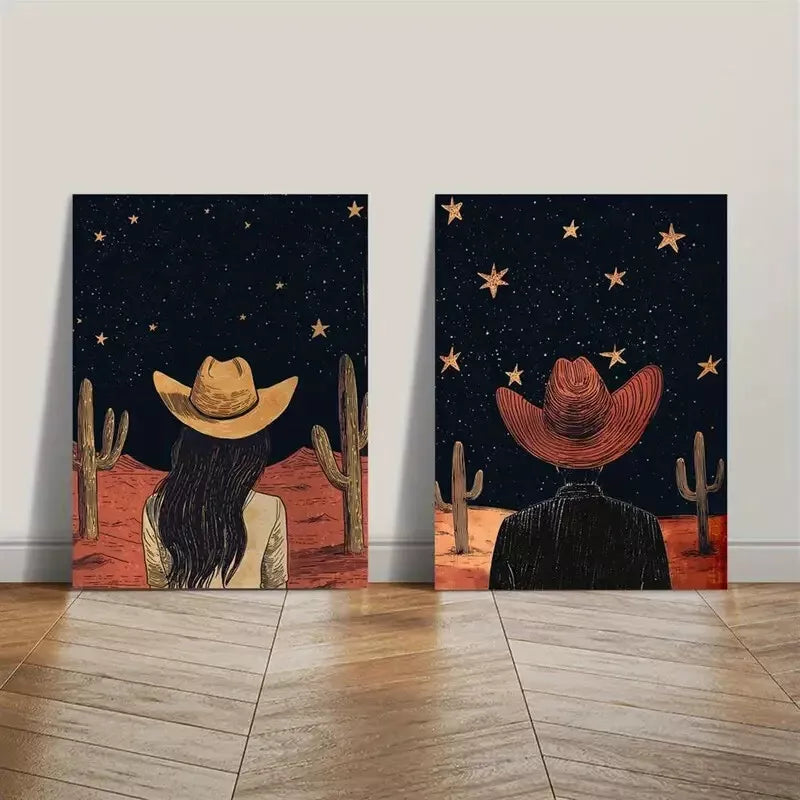 2-Piece Western Cowboy & Starry Sky Canvas Wall Art Set - 50x75cm Framed Prints, High-Quality Australian Made Ready-to-Hang Home Decor for Living Room, Bedroom, or Western-Themed Spaces