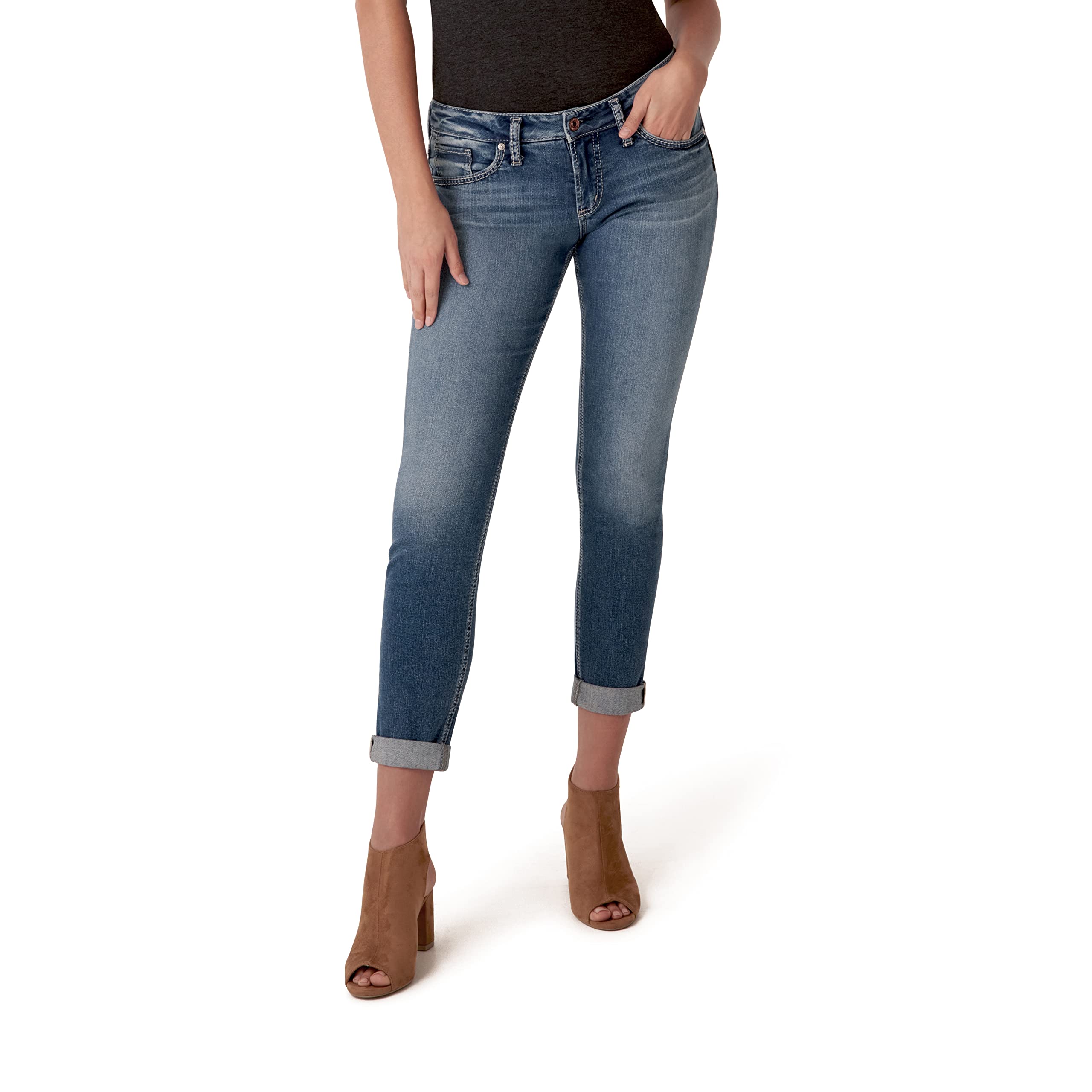 Silver Jeans Co. Women's Boyfriend Mid Rise Slim Leg Jeans - Comfortable Stretch Denim Pants for Casual Wear & Everyday Outfits
