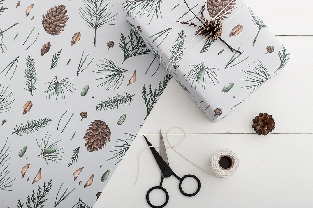 Premium White Pine Grey Christmas Wrapping Paper - Elegant Holiday Gift Wrap for Presents, Parties & Festive Decorations