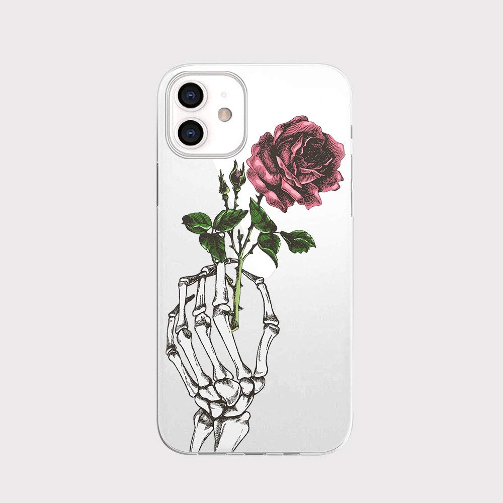 FancyCase Compatible with iPhone 12 Case (6.1 Inch) - Stylish Skeleton Rose Design Flexible TPU Protective Clear Cover | Slim Fit Shockproof Phone Case for Women & Men | Perfect for Daily Use, Work & Travel